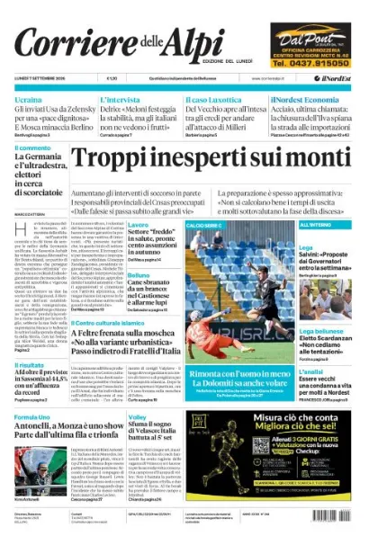 Prima pagina Corriere delle Alpi | Belluno