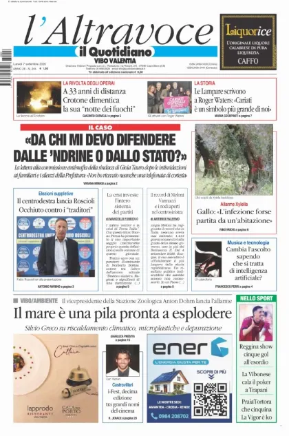 Prima pagina Il Quotidiano del Sud | Vibo Valentia