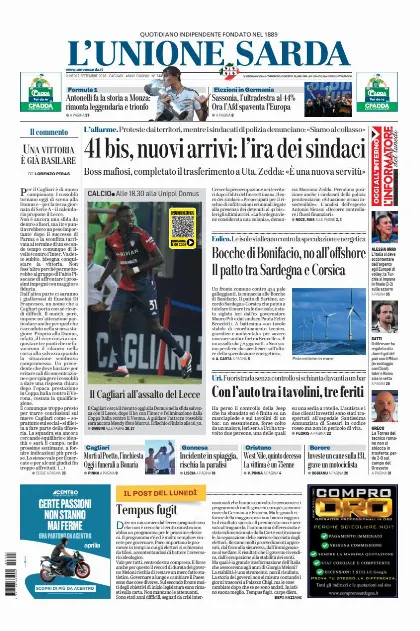 Prima pagina L Unione Sarda