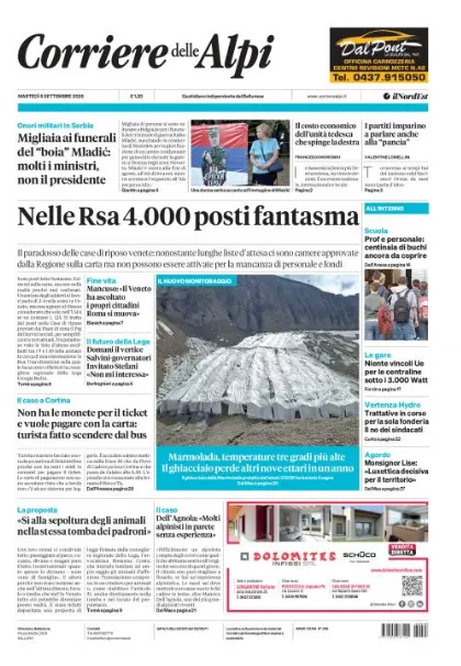Prima pagina Corriere delle Alpi | Belluno