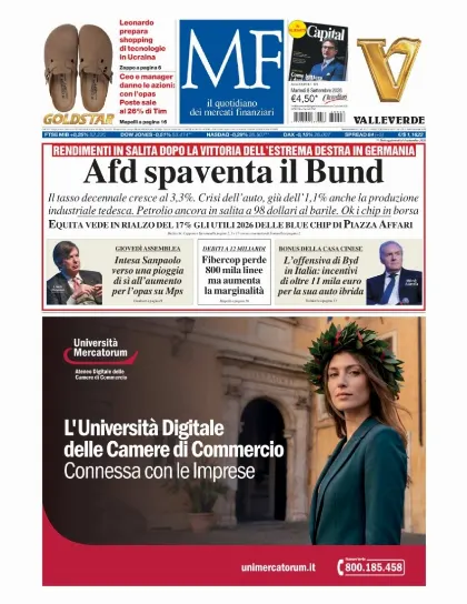 Prima pagina MF Milano Finanza
