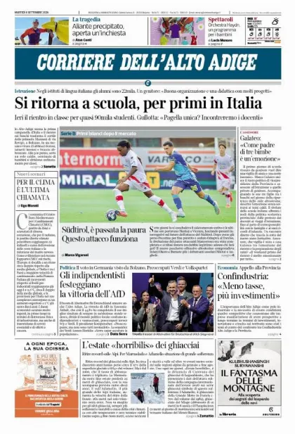 Prima pagina Corriere dell'Alto Adige