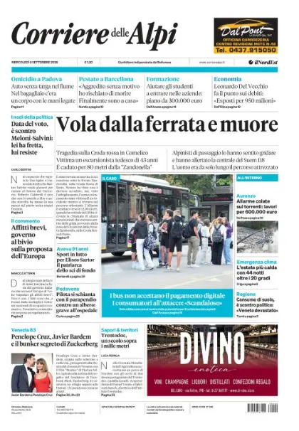 Prima pagina Corriere delle Alpi | Belluno