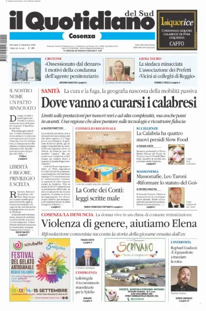 Prima pagina Il Quotidiano del Sud | Cosenza