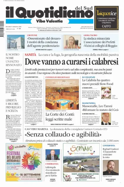 Prima pagina Il Quotidiano del Sud | Vibo Valentia