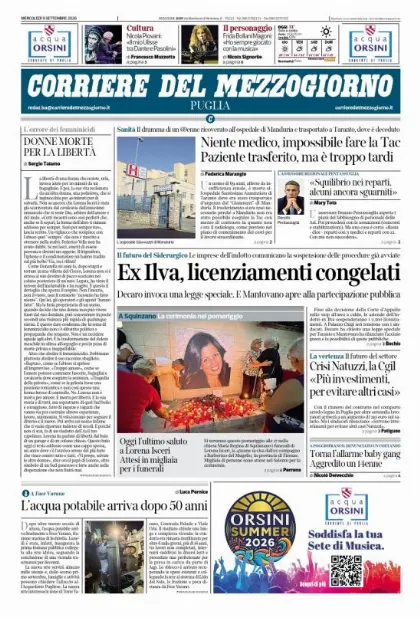 Prima pagina Corriere del Mezzogiorno | Puglia