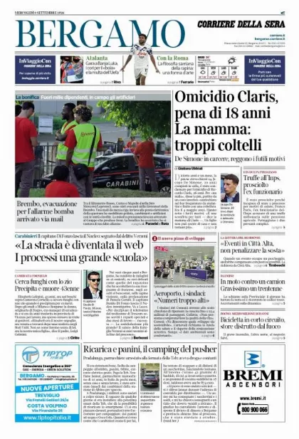 Prima pagina Corriere della Sera | Bergamo