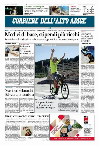 Prima pagina Corriere dell'Alto Adige