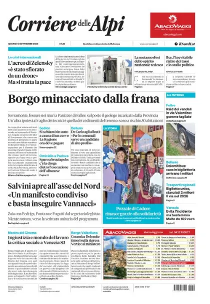 Prima pagina Corriere delle Alpi | Belluno