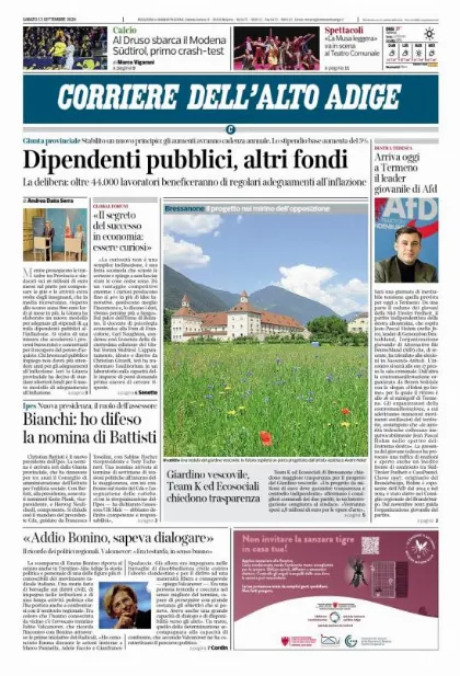 Prima pagina Corriere dell'Alto Adige