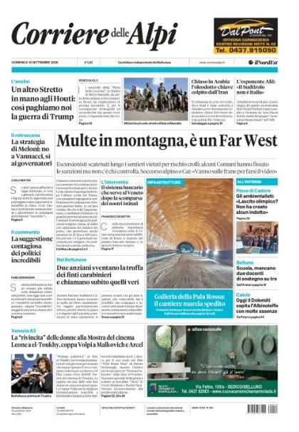Prima pagina Corriere delle Alpi | Belluno