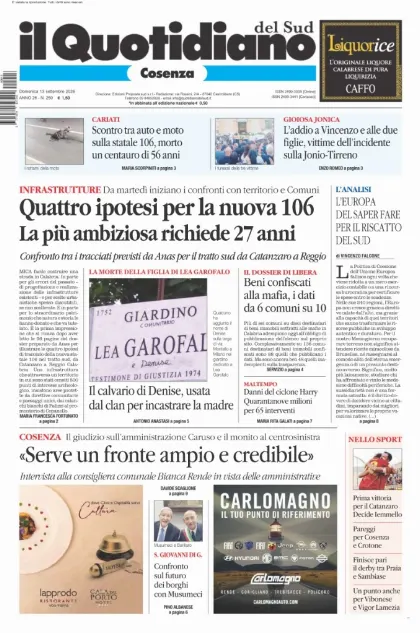 Prima pagina Il Quotidiano del Sud | Cosenza