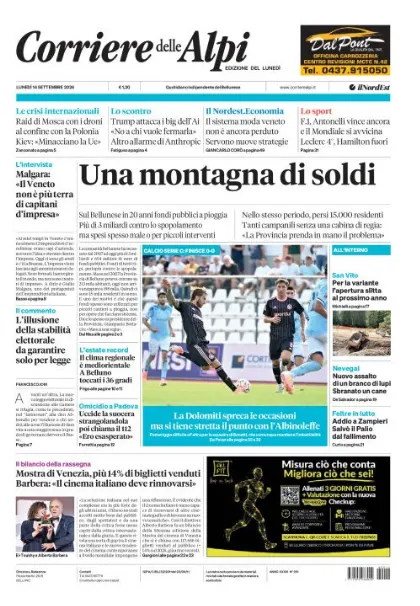 Prima pagina Corriere delle Alpi | Belluno