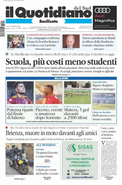 Prima pagina Il Quotidiano del Sud | Basilicata