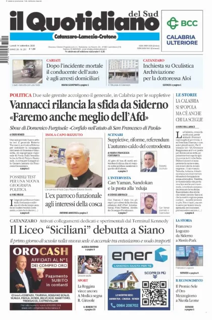 Prima pagina Il Quotidiano del Sud | Catanzaro, Lamezia e Crotone