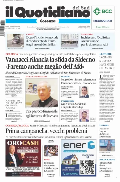 Prima pagina Il Quotidiano del Sud | Cosenza