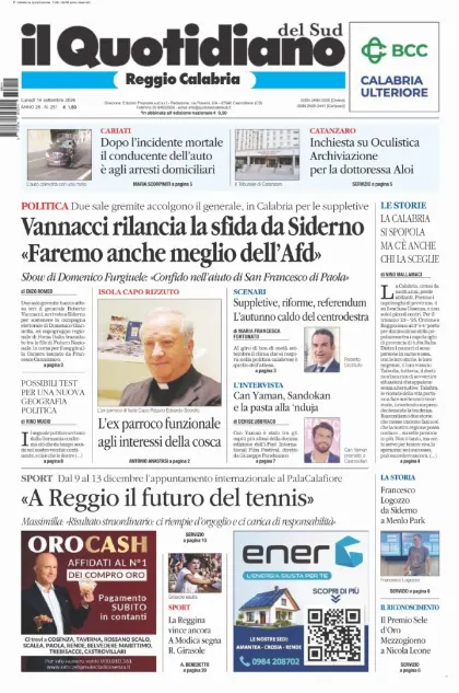 Prima pagina Il Quotidiano del Sud | Reggio Calabria