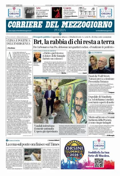 Prima pagina Corriere del Mezzogiorno | Puglia