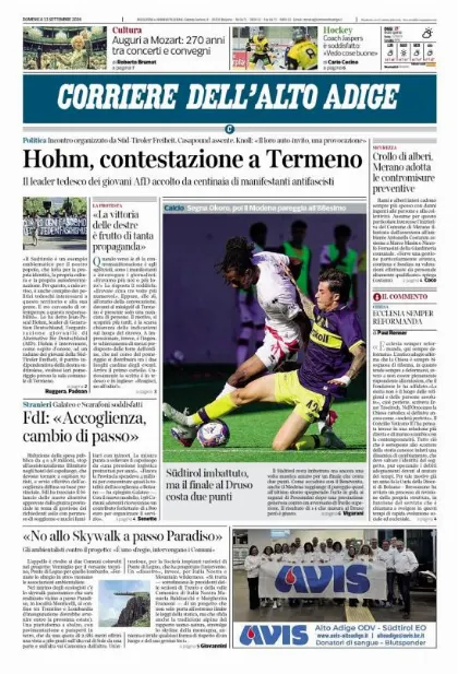 Prima pagina Corriere dell'Alto Adige