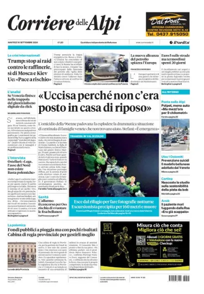 Prima pagina Corriere delle Alpi | Belluno