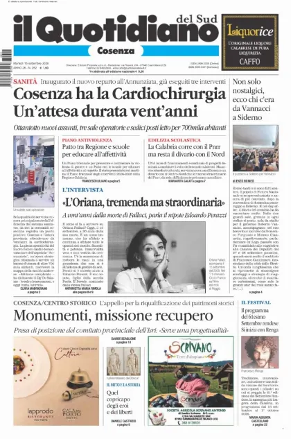 Prima pagina Il Quotidiano del Sud | Cosenza