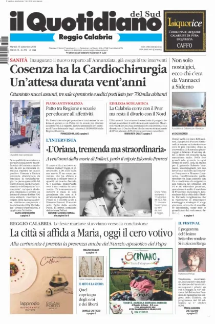 Prima pagina Il Quotidiano del Sud | Reggio Calabria