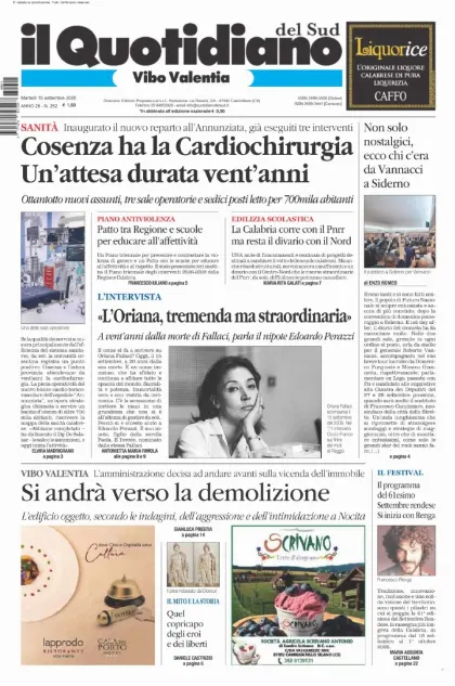 Prima pagina Il Quotidiano del Sud | Vibo Valentia