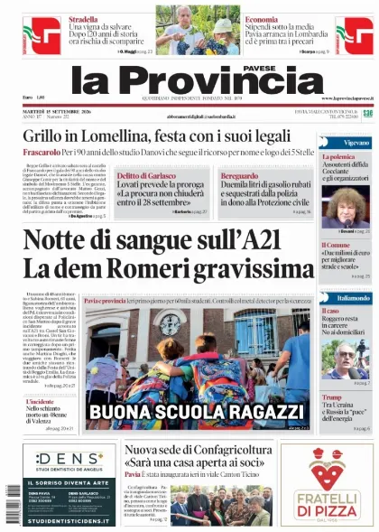 Prima pagina La Provincia Pavese