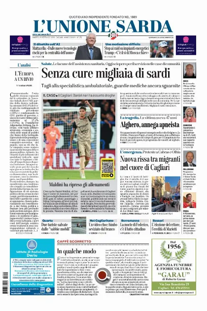 Prima pagina L Unione Sarda