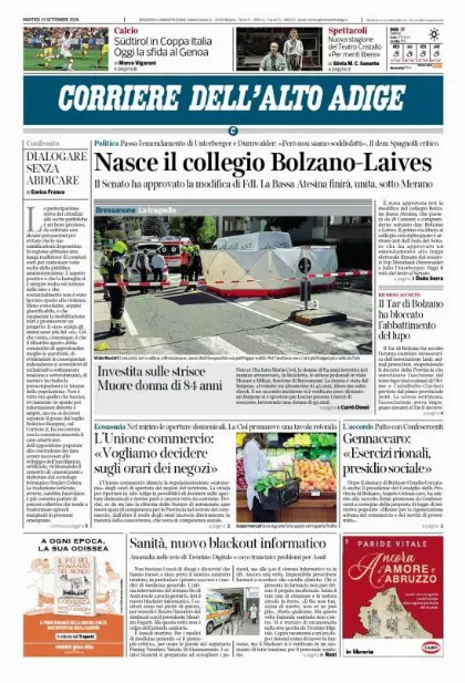 Prima pagina Corriere dell'Alto Adige