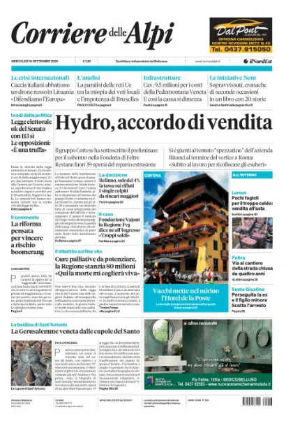Prima pagina Corriere delle Alpi | Belluno
