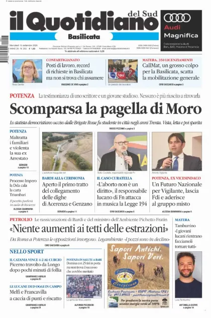 Prima pagina Il Quotidiano del Sud | Basilicata