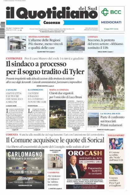 Prima pagina Il Quotidiano del Sud | Cosenza