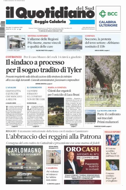 Prima pagina Il Quotidiano del Sud | Reggio Calabria