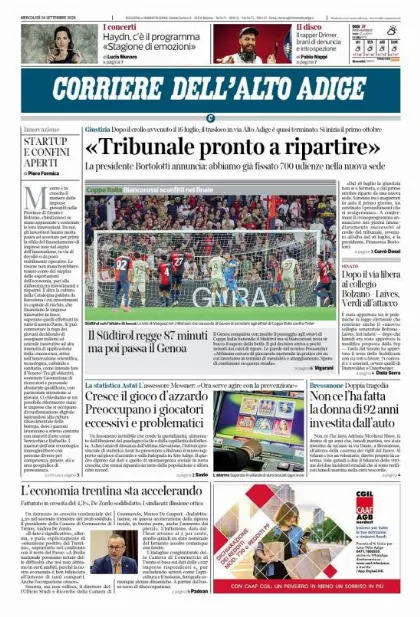 Prima pagina Corriere dell'Alto Adige