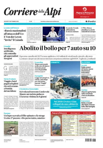 Prima pagina Corriere delle Alpi | Belluno