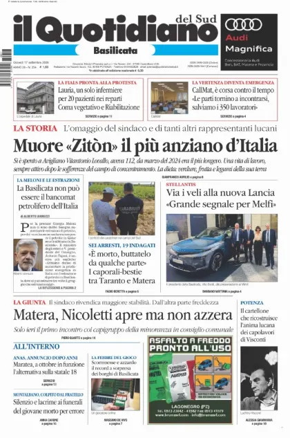Prima pagina Il Quotidiano del Sud | Basilicata