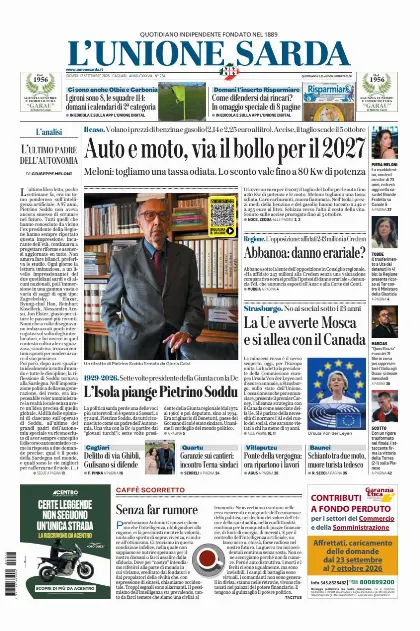 Prima pagina L Unione Sarda