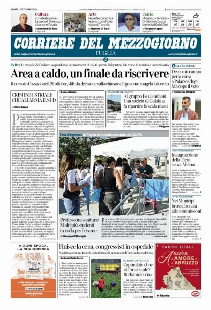 Prima pagina Corriere del Mezzogiorno | Puglia