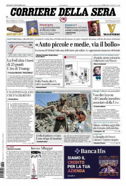 Prima pagina Corriere della Sera