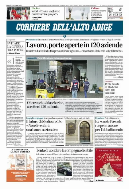 Prima pagina Corriere dell'Alto Adige