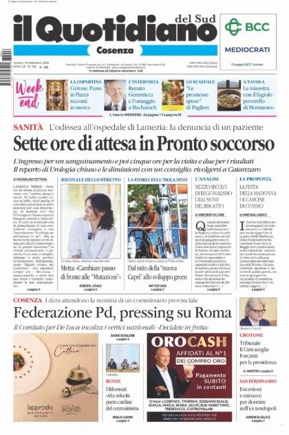 Prima pagina Il Quotidiano del Sud | Cosenza