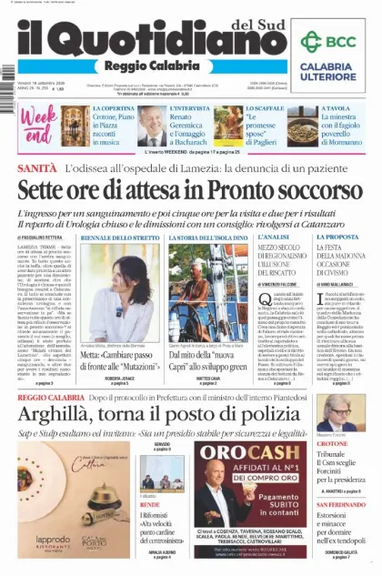 Prima pagina Il Quotidiano del Sud | Reggio Calabria
