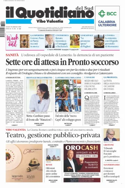 Prima pagina Il Quotidiano del Sud | Vibo Valentia