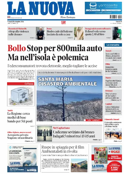 Prima pagina La Nuova Sardegna