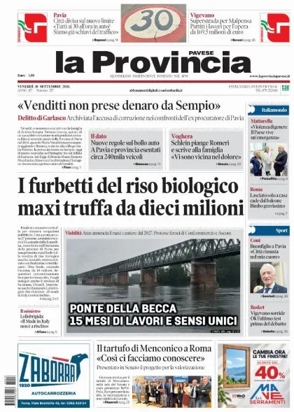Prima pagina La Provincia Pavese