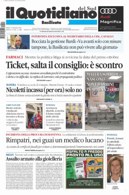 Prima pagina Il Quotidiano del Sud | Basilicata
