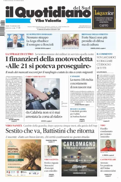 Prima pagina Il Quotidiano del Sud | Vibo Valentia