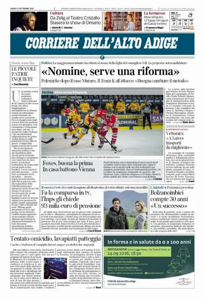 Prima pagina Corriere dell'Alto Adige