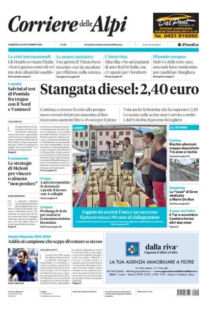 Prima pagina Corriere delle Alpi | Belluno
